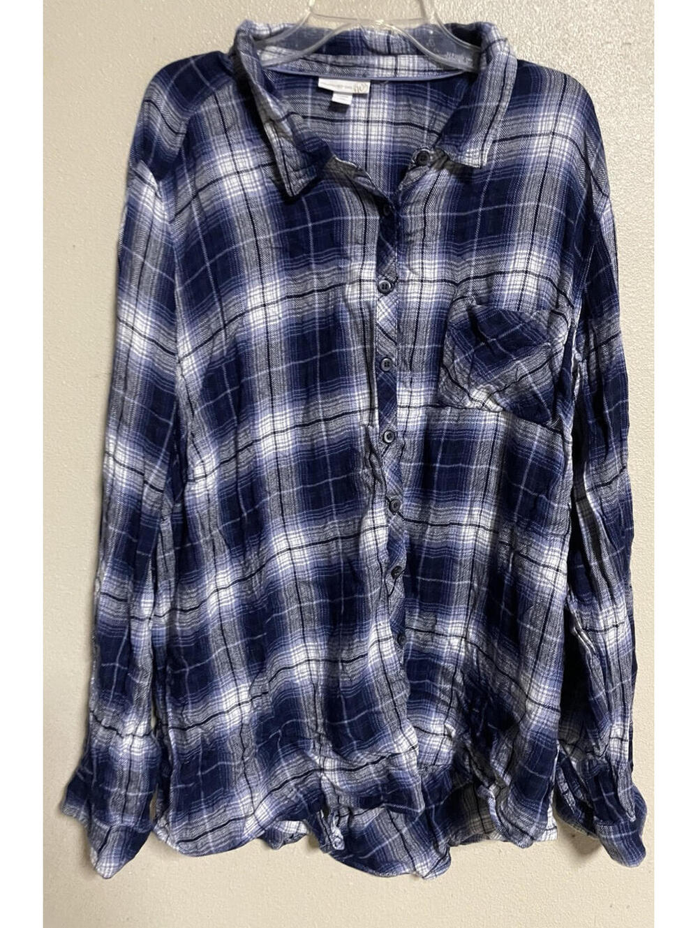 westport womens tops 3x Long Sleeve Button Blue White Plaid Asymmetrical
